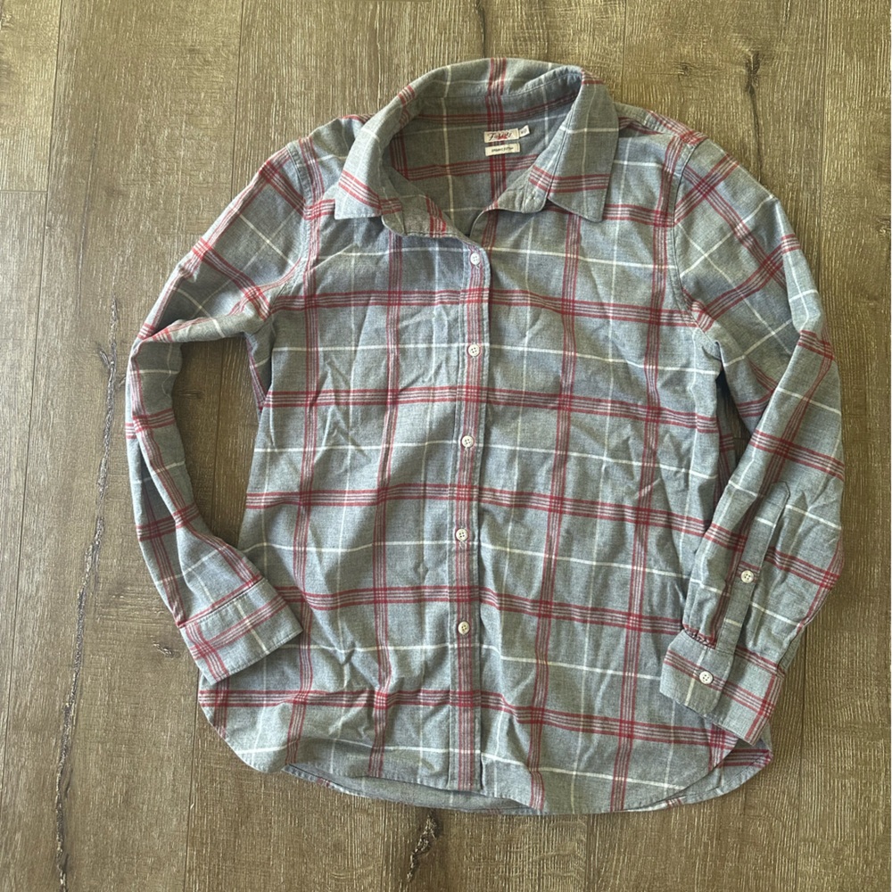 Faherty Classic Flannel in Juliet Gray and Red Plaid Organic Cotton Shirt size M